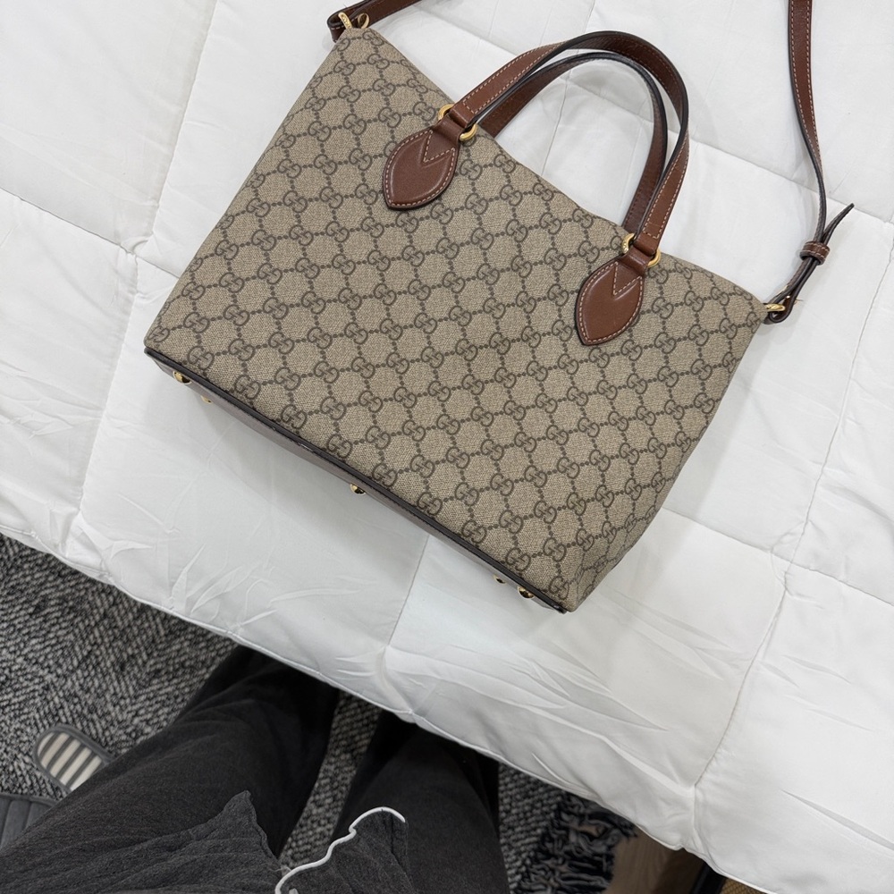 Gucci Beige/Brown Monogram Canvas Tote with Leather Trim